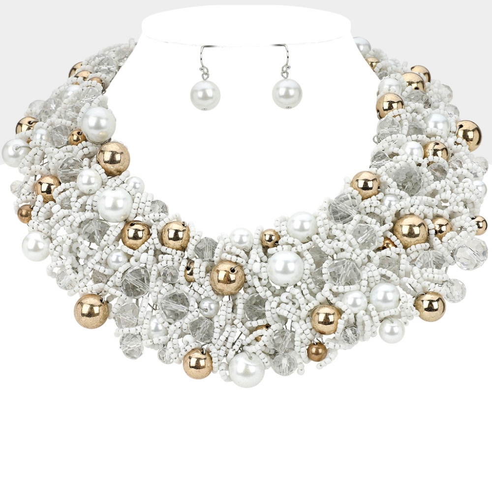 Cream White Metal Ball Crystal Cluster Beads Necklace Set Wire Chunky Jewelry